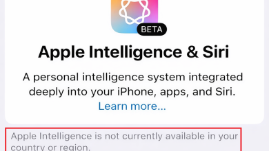 iPhone Settings showing Apple Intelligence and Siri with a message that Apple Intelligence is not available in your country or region.