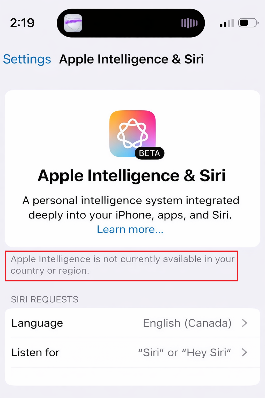 iPhone Settings showing Apple Intelligence and Siri with a message that Apple Intelligence is not available in your country or region.