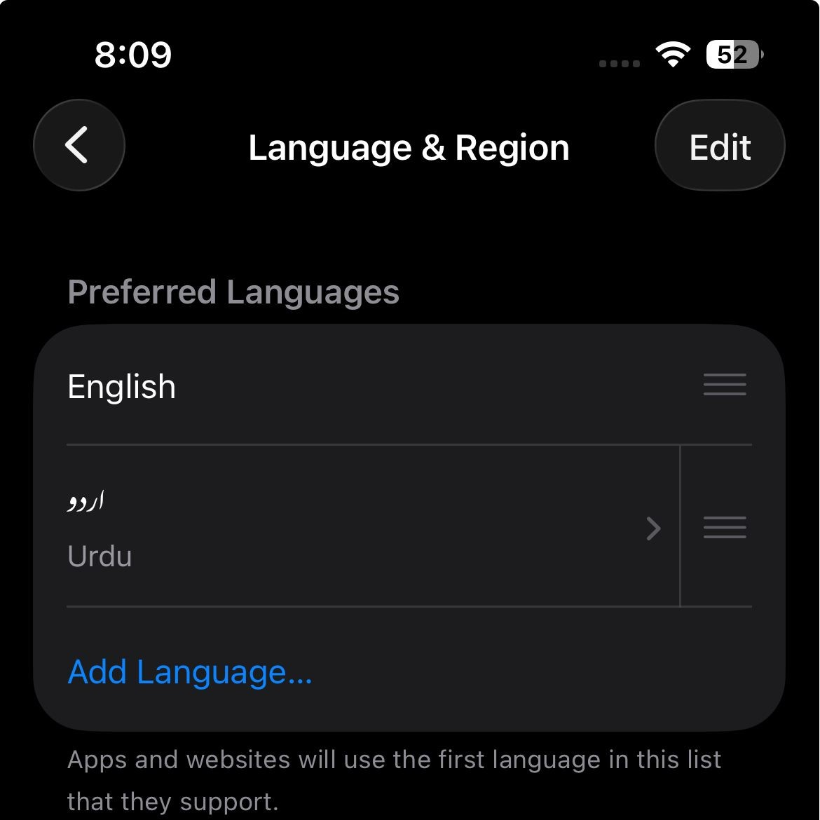 iPhone Language and Region settings and Apple Intelligence and Siri settings showing matching device and Siri languages.
