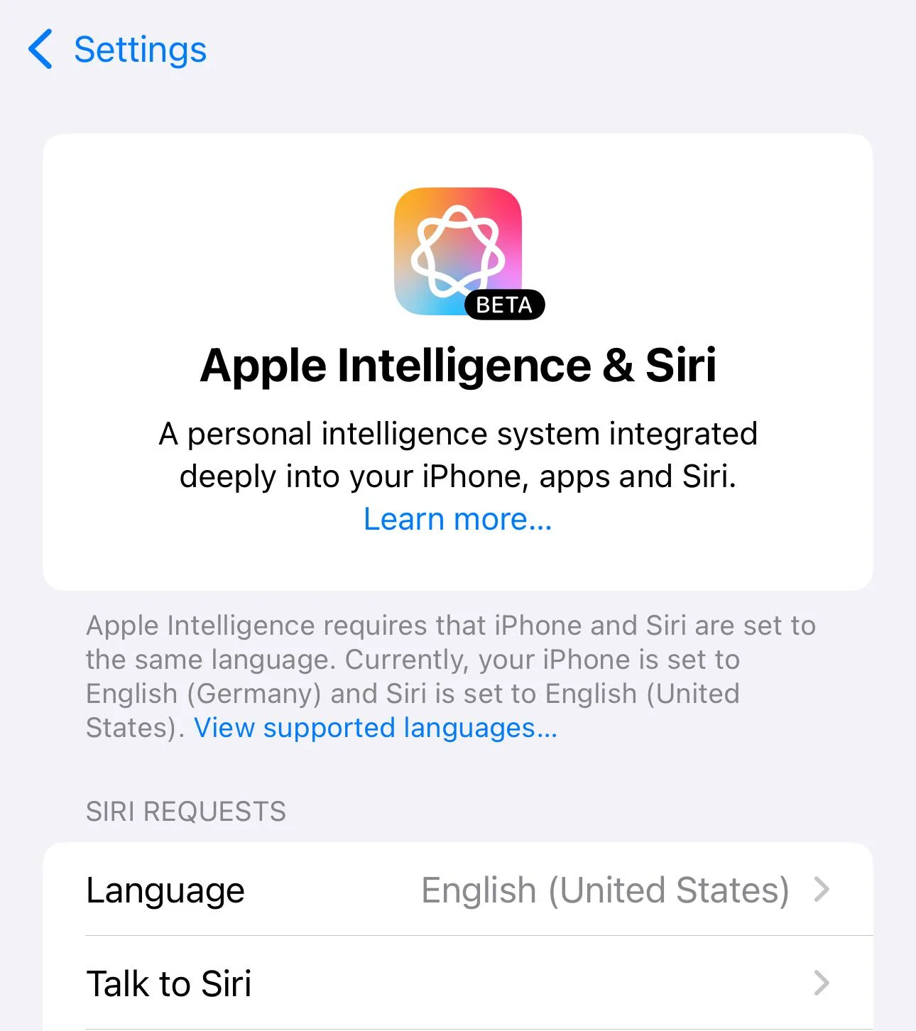 Apple Intelligence language availability list showing current supported languages on iPhone.