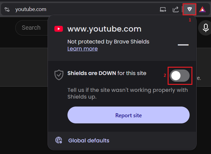 Brave Shields panel on YouTube with per-site protection lowered for testing.