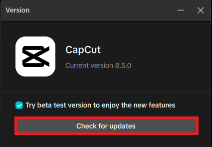 CapCut Desktop settings checking for updates from the Version section.