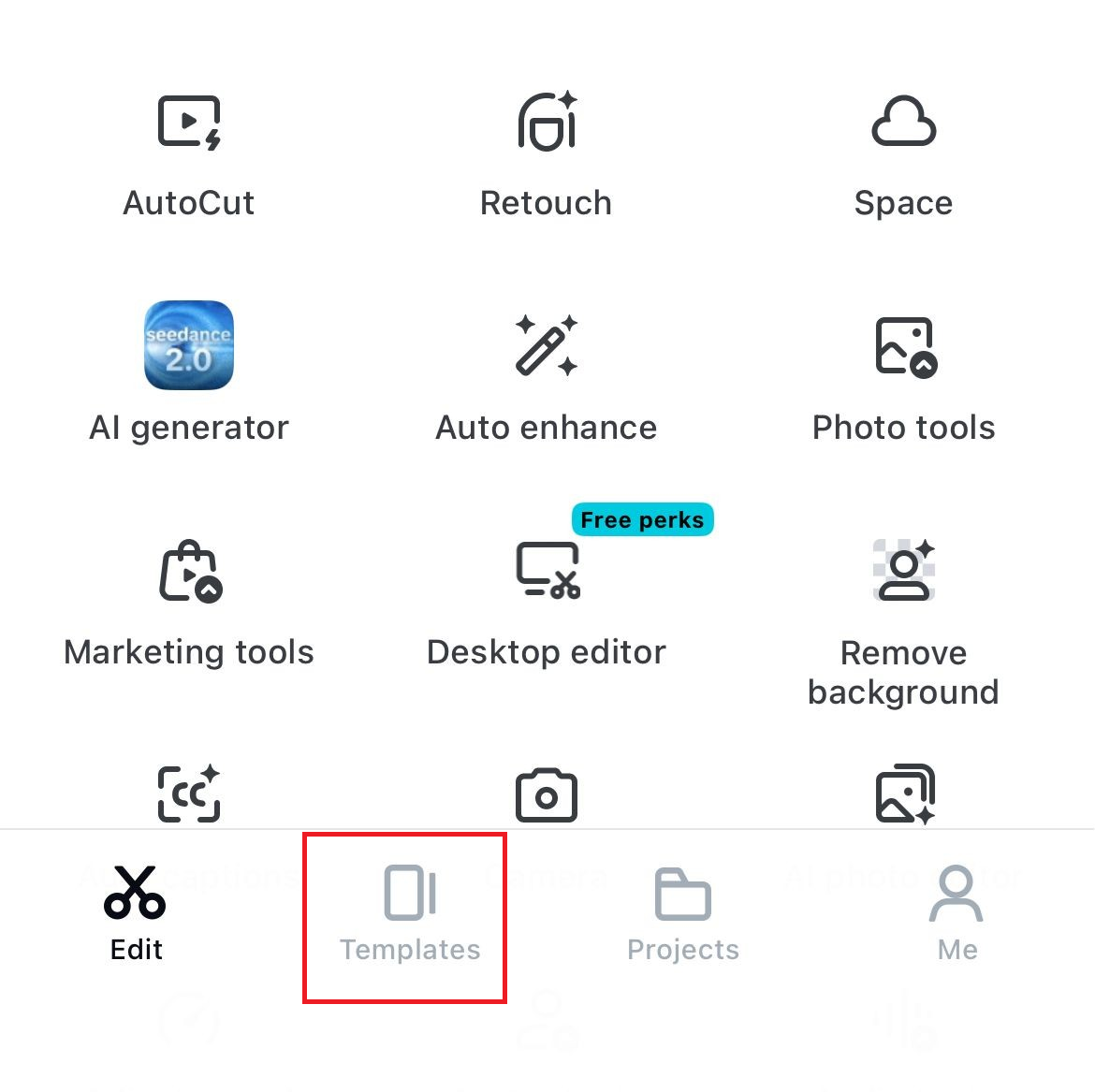 CapCut mobile app showing the Template tab at the bottom of the home screen.