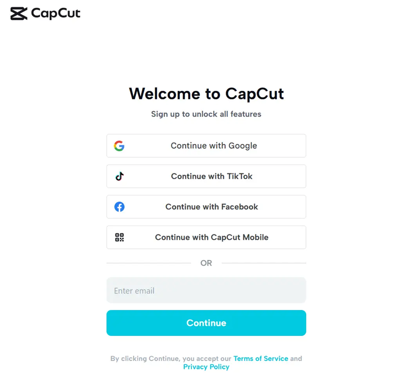 CapCut sign-in screen on mobile or web before accessing templates that require an account.