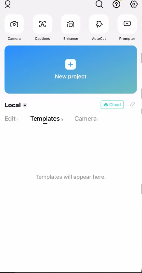 CapCut home screen or editor missing the Templates tab or showing an empty template search result.