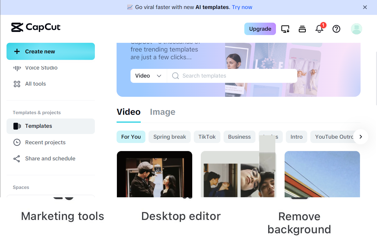 CapCut Web showing a Templates section with a smaller official gallery than the mobile app.