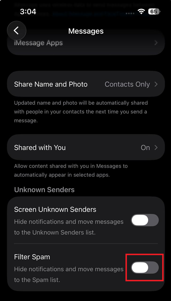 Carrier messaging settings or support notes checking whether short verification texts are being filtered.