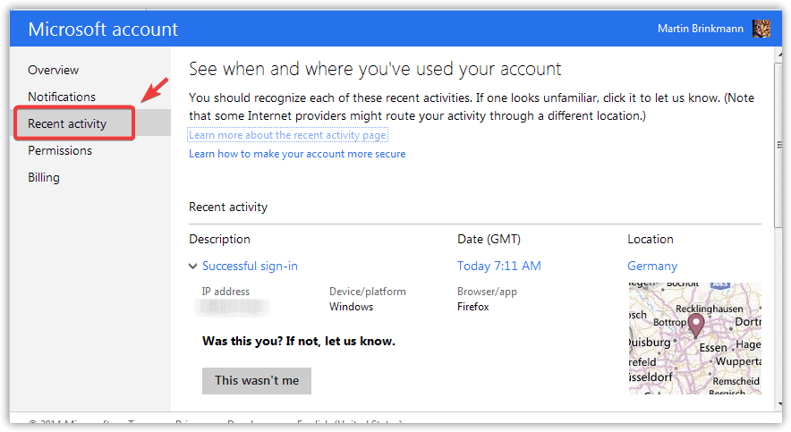 Microsoft account Recent activity page showing sign-in attempts and locations.