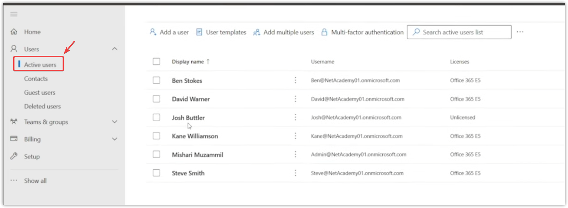 Microsoft 365 Admin Center opened to the Active users page.