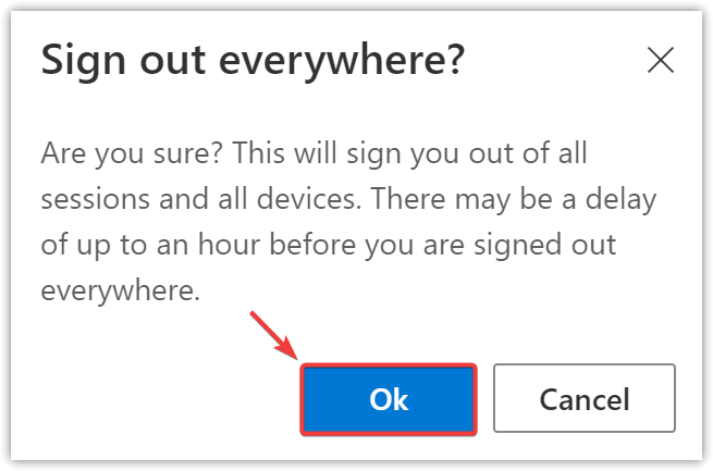 Microsoft account security settings showing the Sign out everywhere option.