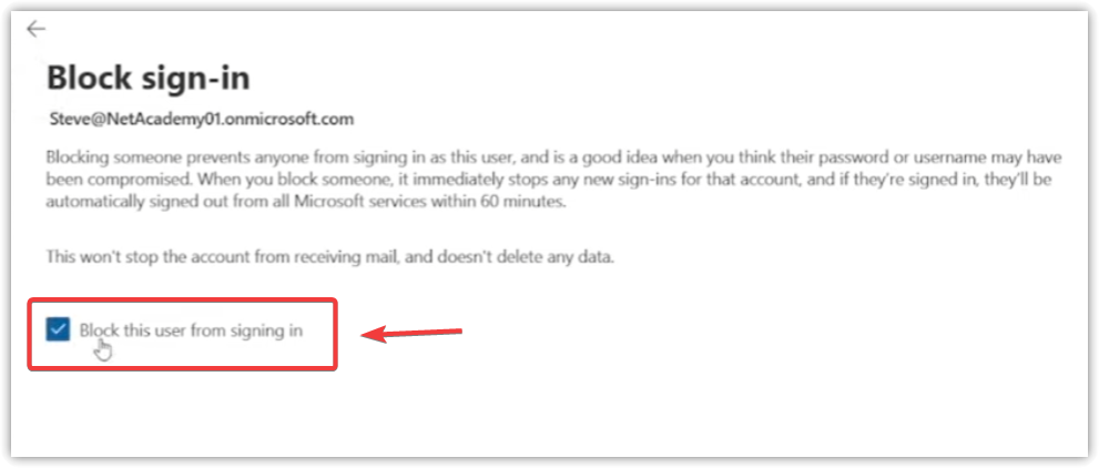Microsoft 365 user page showing that the account sign-in status is blocked.