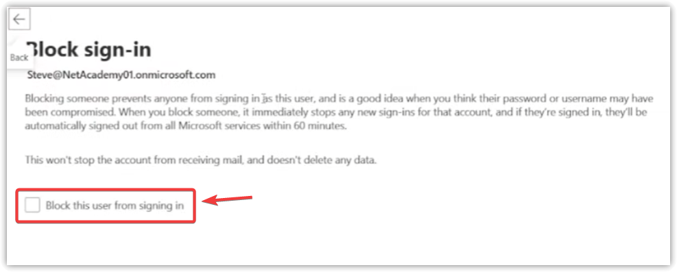 Microsoft 365 admin page showing the blocked sign-in setting being removed.