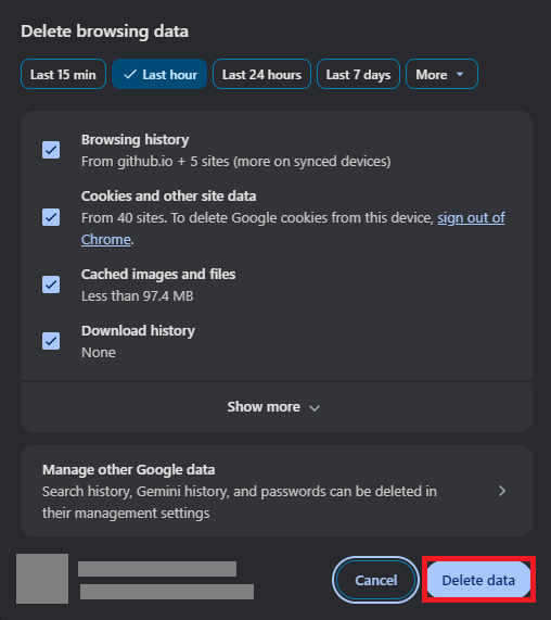 Browser settings clearing cookies and cached files for Xbox Cloud Gaming troubleshooting.
