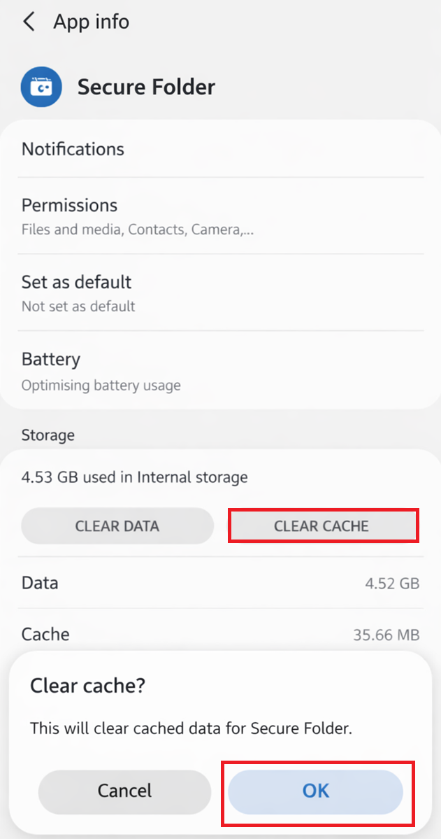 App info storage screen for Secure Folder showing Clear cache and Clear data options.