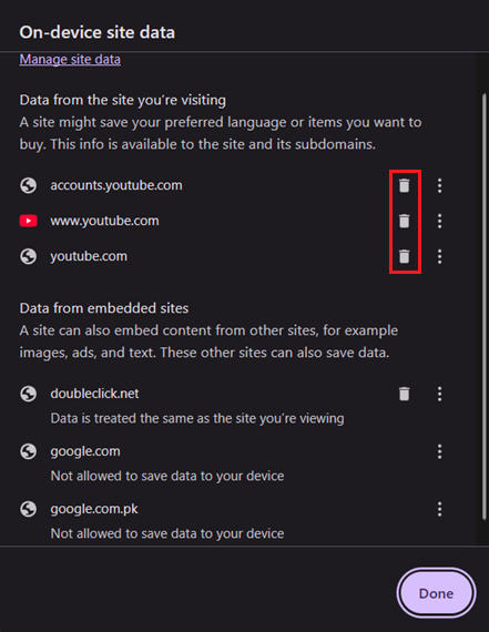 Browser site-data screen clearing cookies and cache for YouTube.