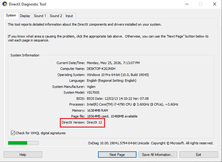 DirectX Diagnostic Tool showing DirectX 12 support.