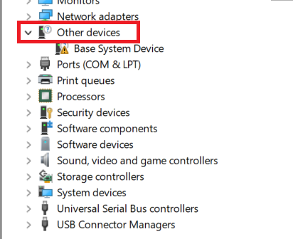 Device Manager showing an unknown or Other devices entry where the Bluetooth adapter may have moved after a broken driver update.