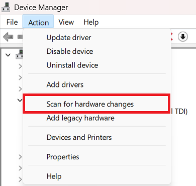 Device Manager Action menu using Scan for hardware changes after reinstalling Bluetooth.