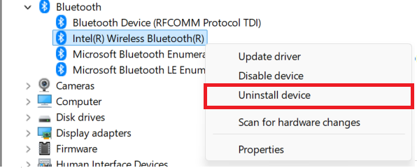 Device Manager uninstalling the Bluetooth adapter before a full shutdown and reinstall attempt.