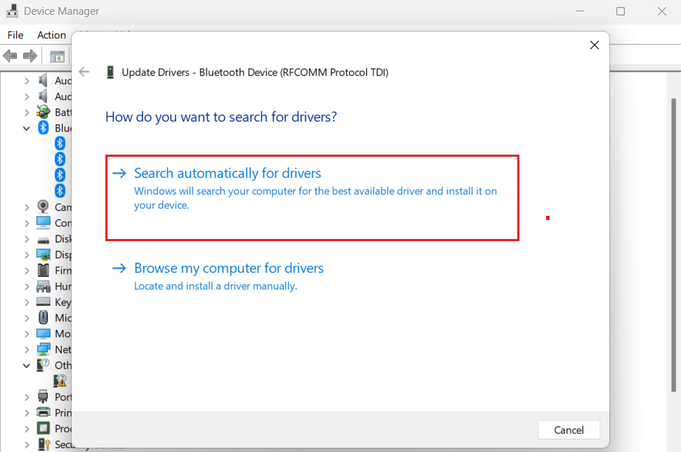 Device Manager in Windows 11 updating both the Bluetooth adapter and the audio device driver.