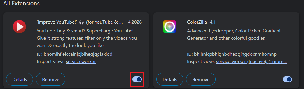 Browser extensions page with ad blocker and privacy tools disabled for testing.