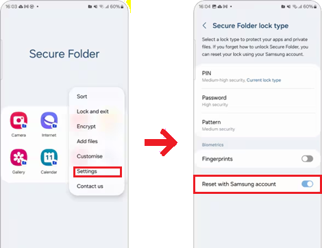 Secure Folder settings showing Reset with Samsung account toggle enabled.