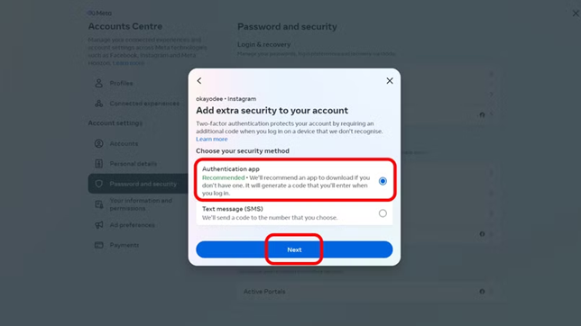 Facebook Accounts Center showing additional two-factor authentication methods such as SMS, app, and security key.