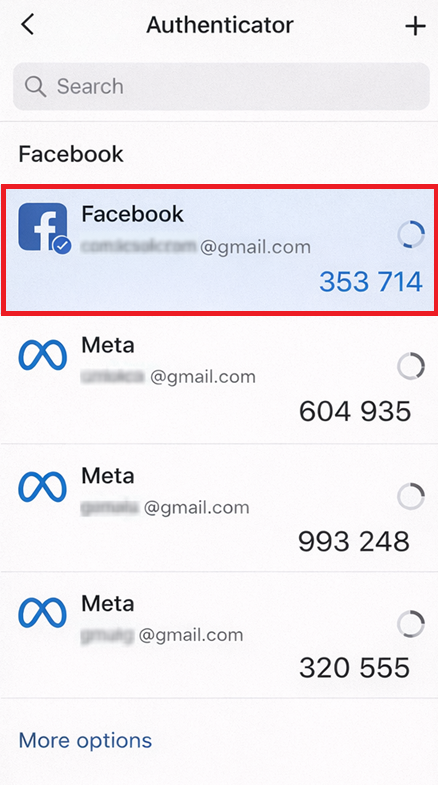 Google Authenticator or another authenticator app showing the correct Facebook entry among multiple accounts.