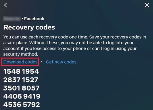Facebook Accounts Center showing two-factor authentication recovery codes.