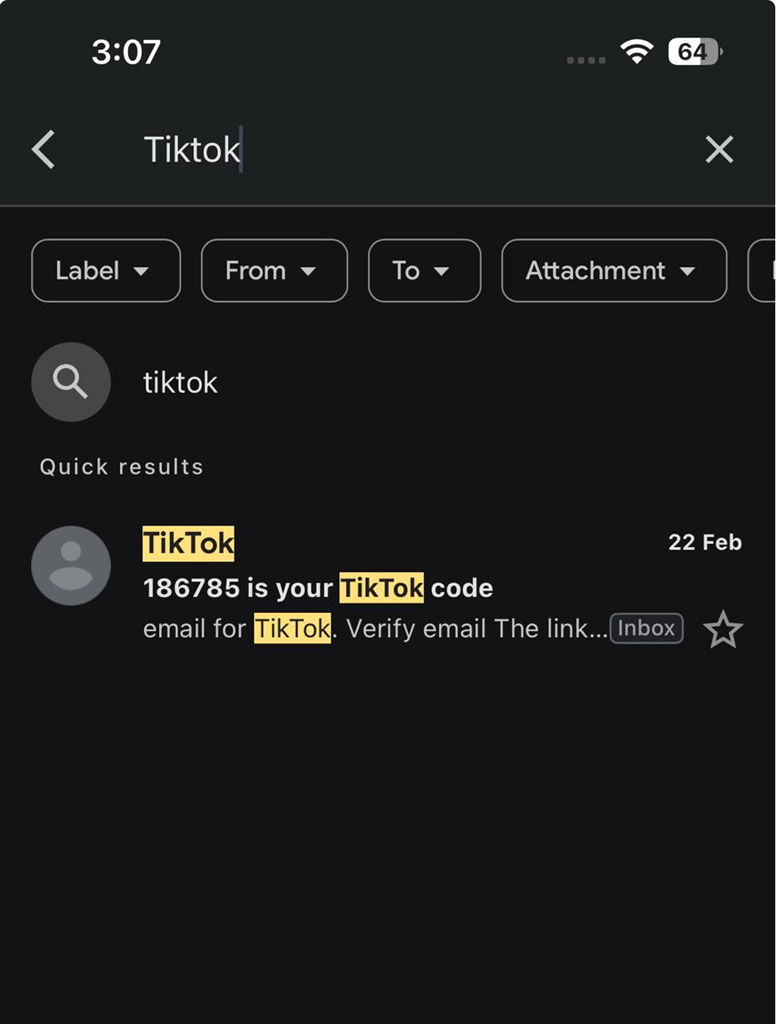 Gmail or Outlook searching for TikTok verification emails across all folders.