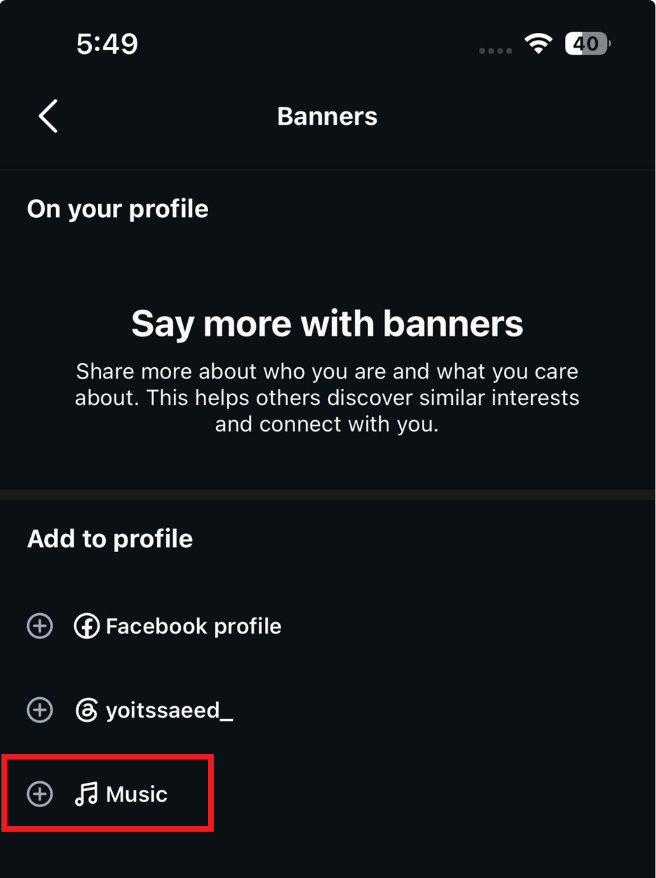 Instagram mobile app showing Edit profile with the Add music to your profile field.