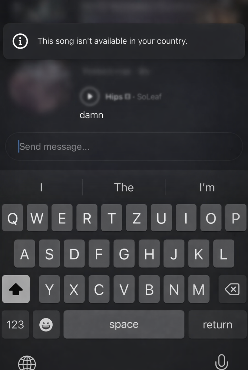 Instagram Note showing a message that the song is unavailable in the user's country or region.