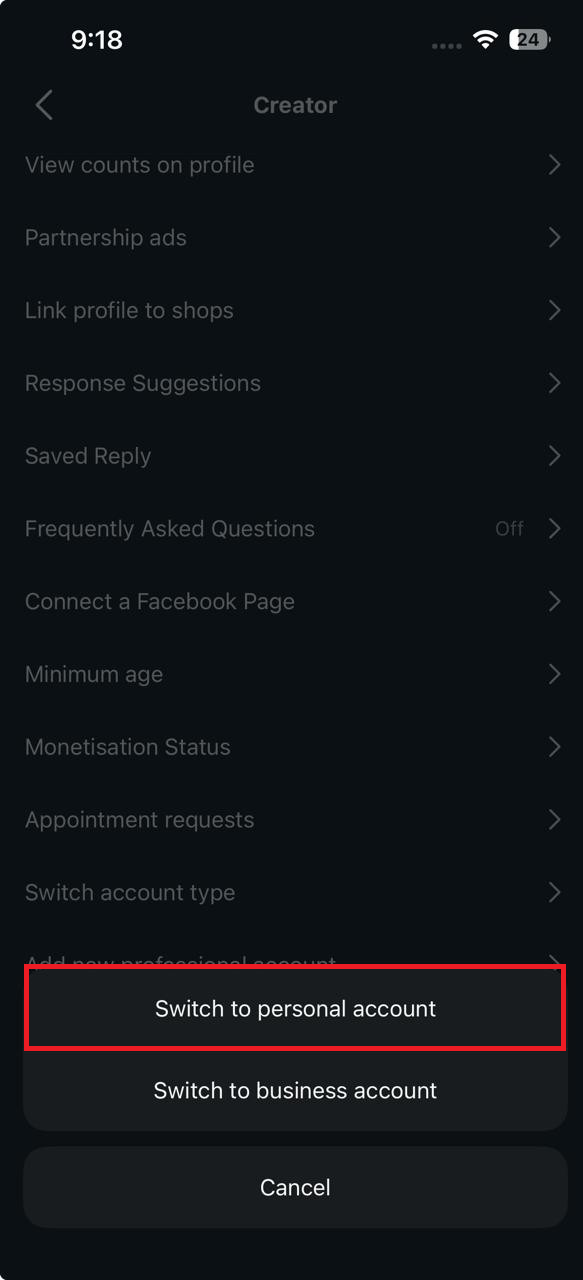 Instagram account settings switching from a professional or business profile back to a personal account.