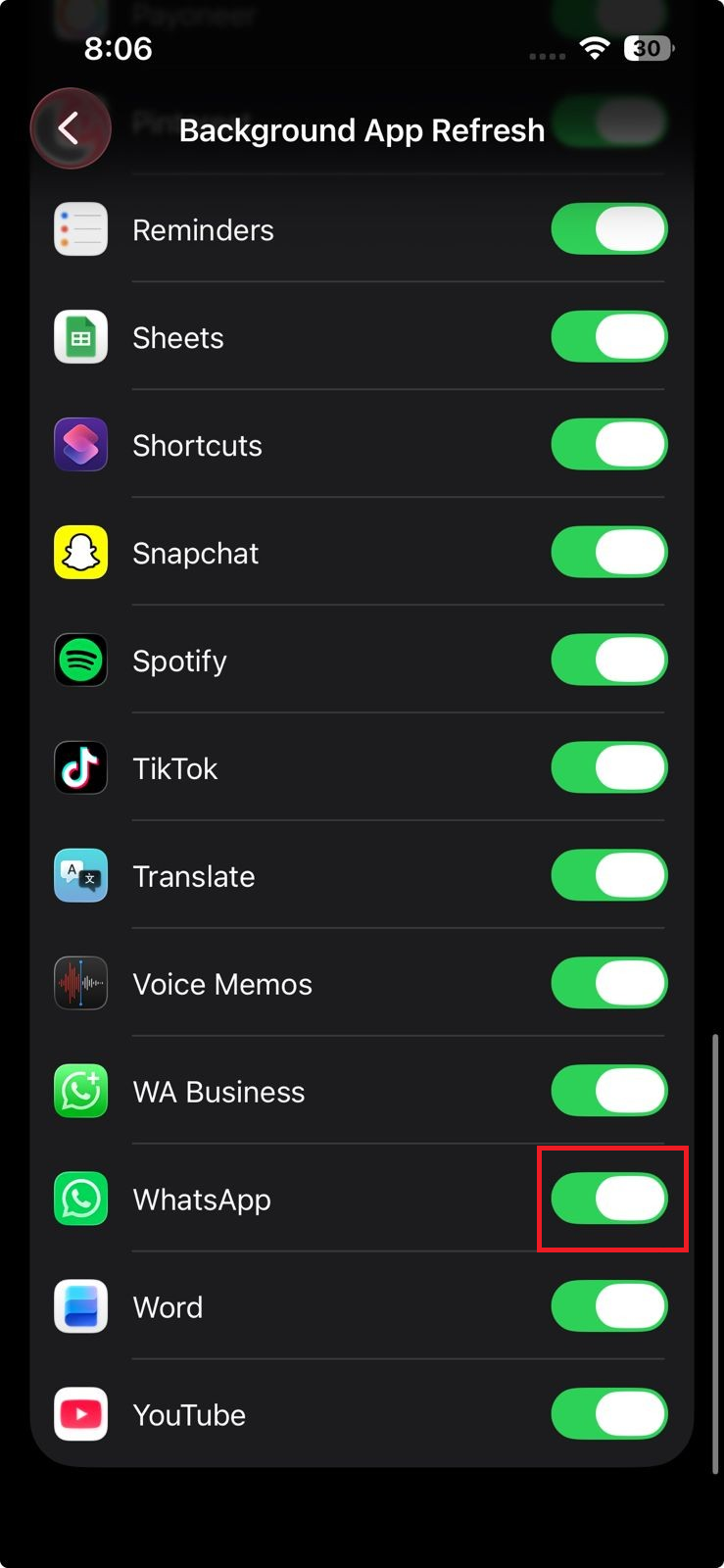 iPhone Background App Refresh settings with WhatsApp enabled.
