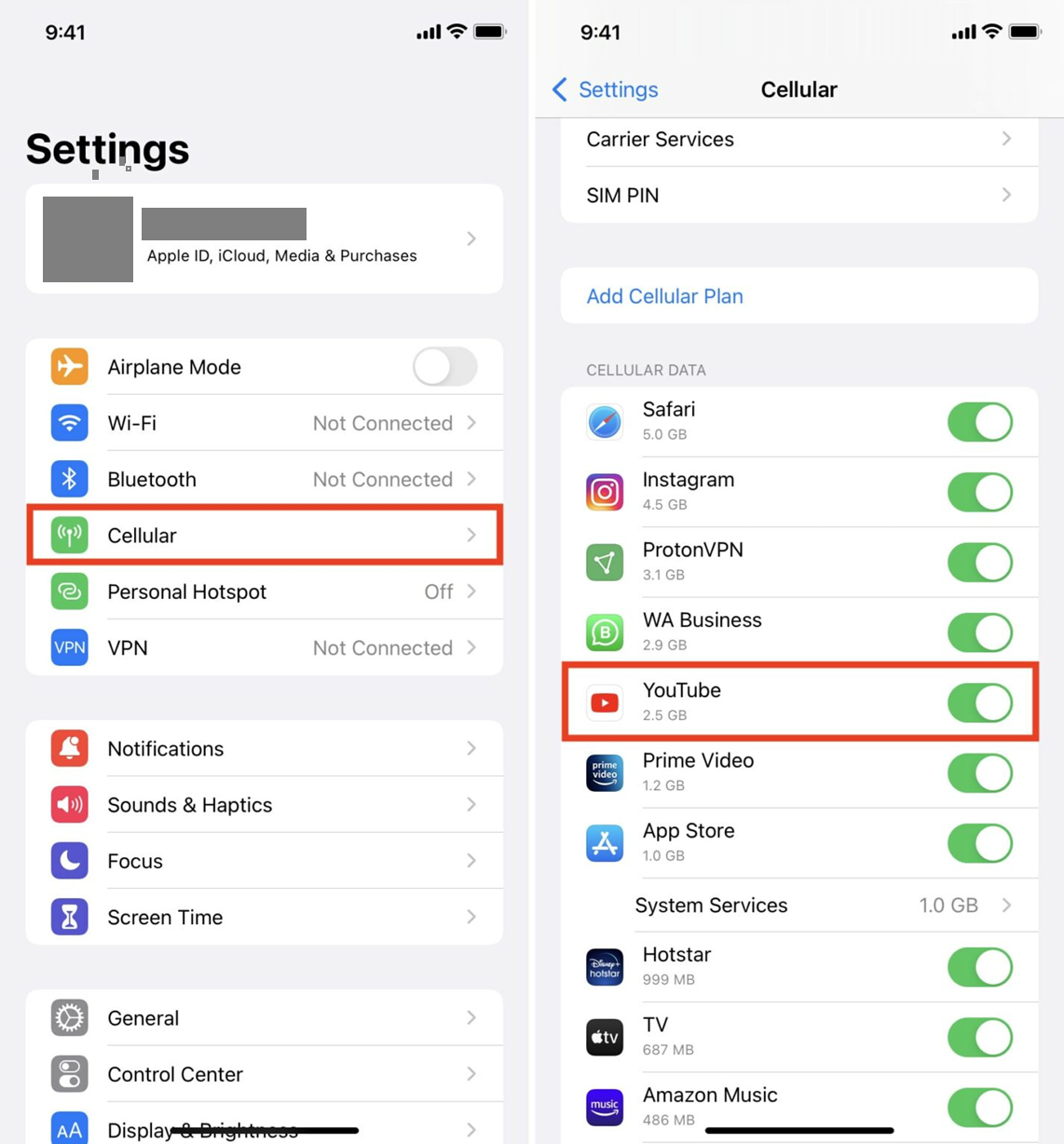iPhone Cellular settings page showing the YouTube mobile data toggle.
