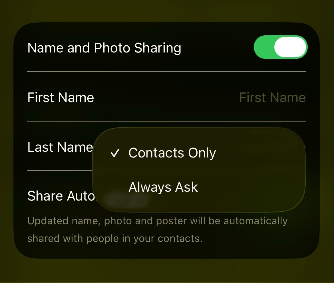 iPhone showing Contact Photo and Poster sharing options for Contacts Only and Always Ask.