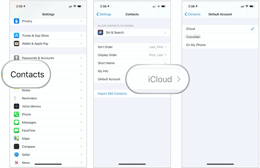 iPhone Contacts settings showing Default Account and the Lists view with All iCloud selected.