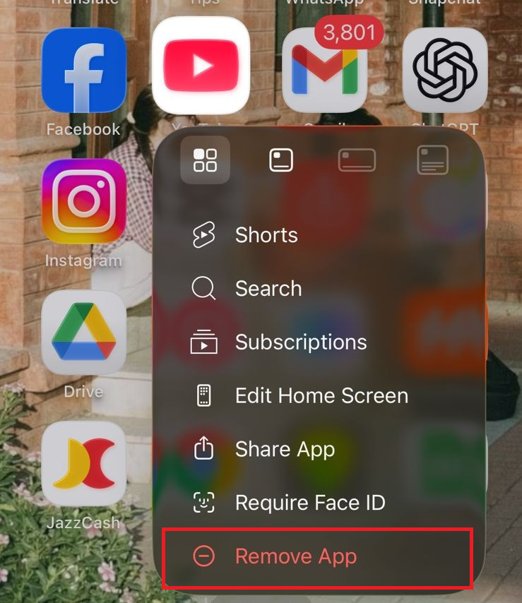 iPhone showing the delete or reinstall flow for the YouTube app.