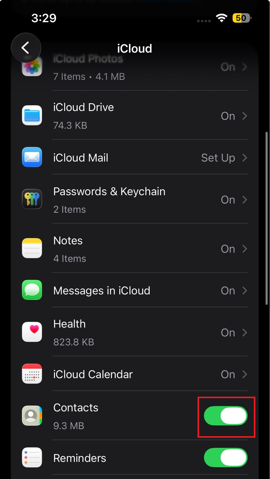 iPhone iCloud settings showing the Contacts toggle turned on.