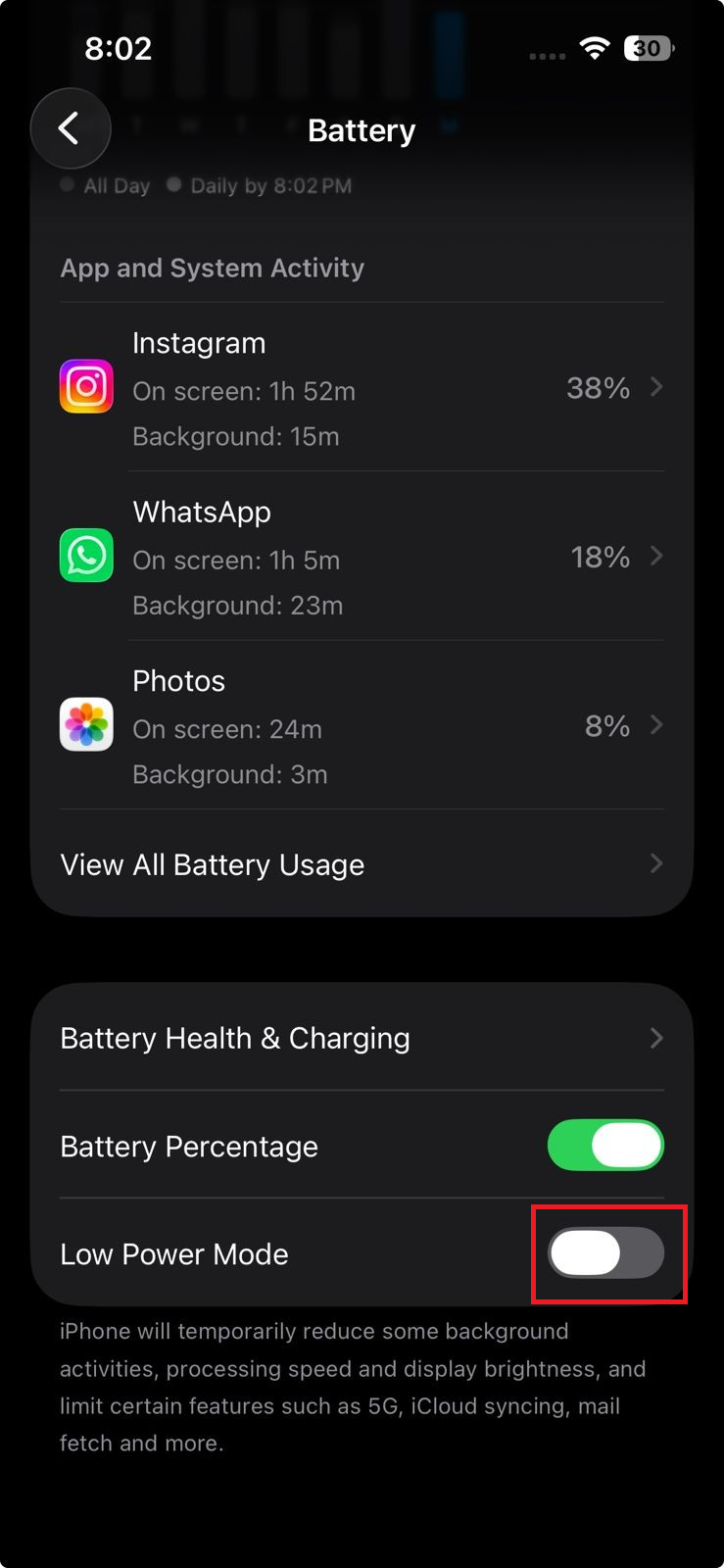 iPhone Battery settings with Low Power Mode turned off.