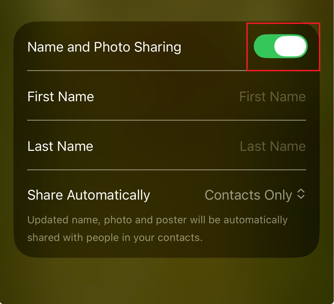 iPhone contact poster screen showing Name and Photo Sharing turned on.