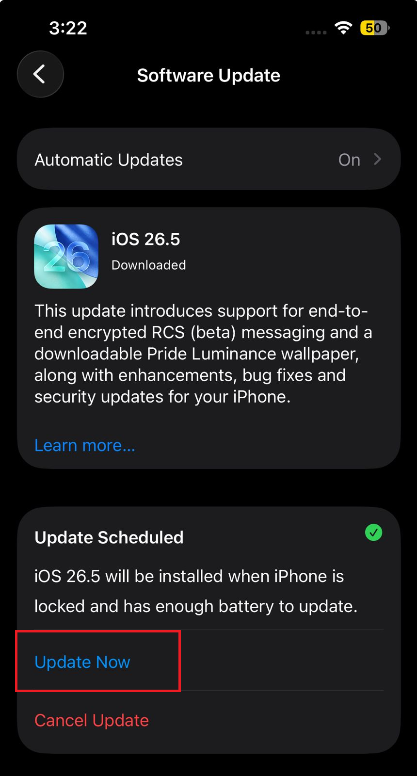 iPhone Software Update screen open while checking why Clean Up is missing in Photos.