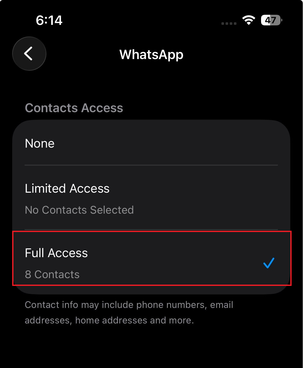 iPhone Privacy and Security settings showing WhatsApp contact access controls.