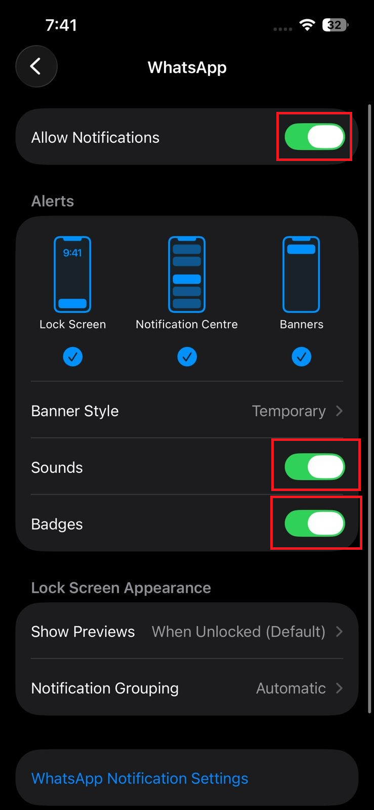 WhatsApp notification settings on iPhone showing message and group notifications enabled.
