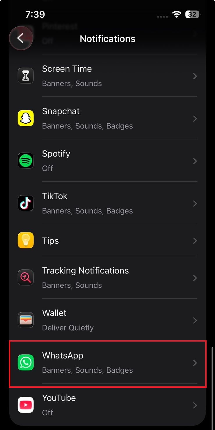 iPhone WhatsApp notification settings with alerts, sounds, badges, and Lock Screen notifications enabled.