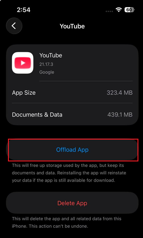 iPhone settings or App Store screen used to offload or reinstall YouTube.