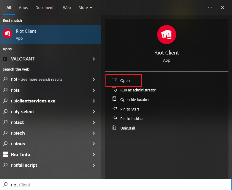 Windows Start menu opening the Riot Client directly instead of only opening a Riot game shortcut.