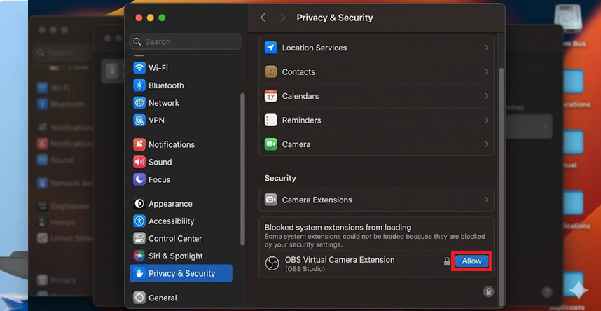 macOS Camera permissions showing OBS and the target app enabled.