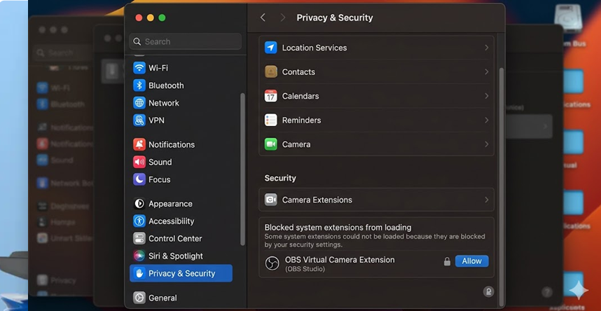 macOS Privacy and Security panel allowing the OBS virtual camera system extension.