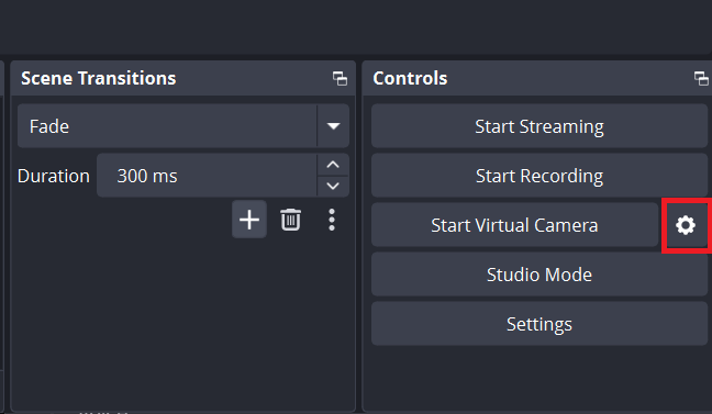OBS Virtual Camera settings window showing Program, Preview, Scene, and Source output choices.